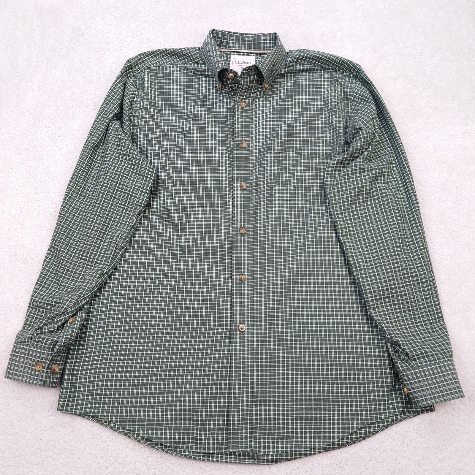 LL Bean Wrinkle Free Green Plaid Button Down Shirt Cotton Men\'s M (Fits Bigger)