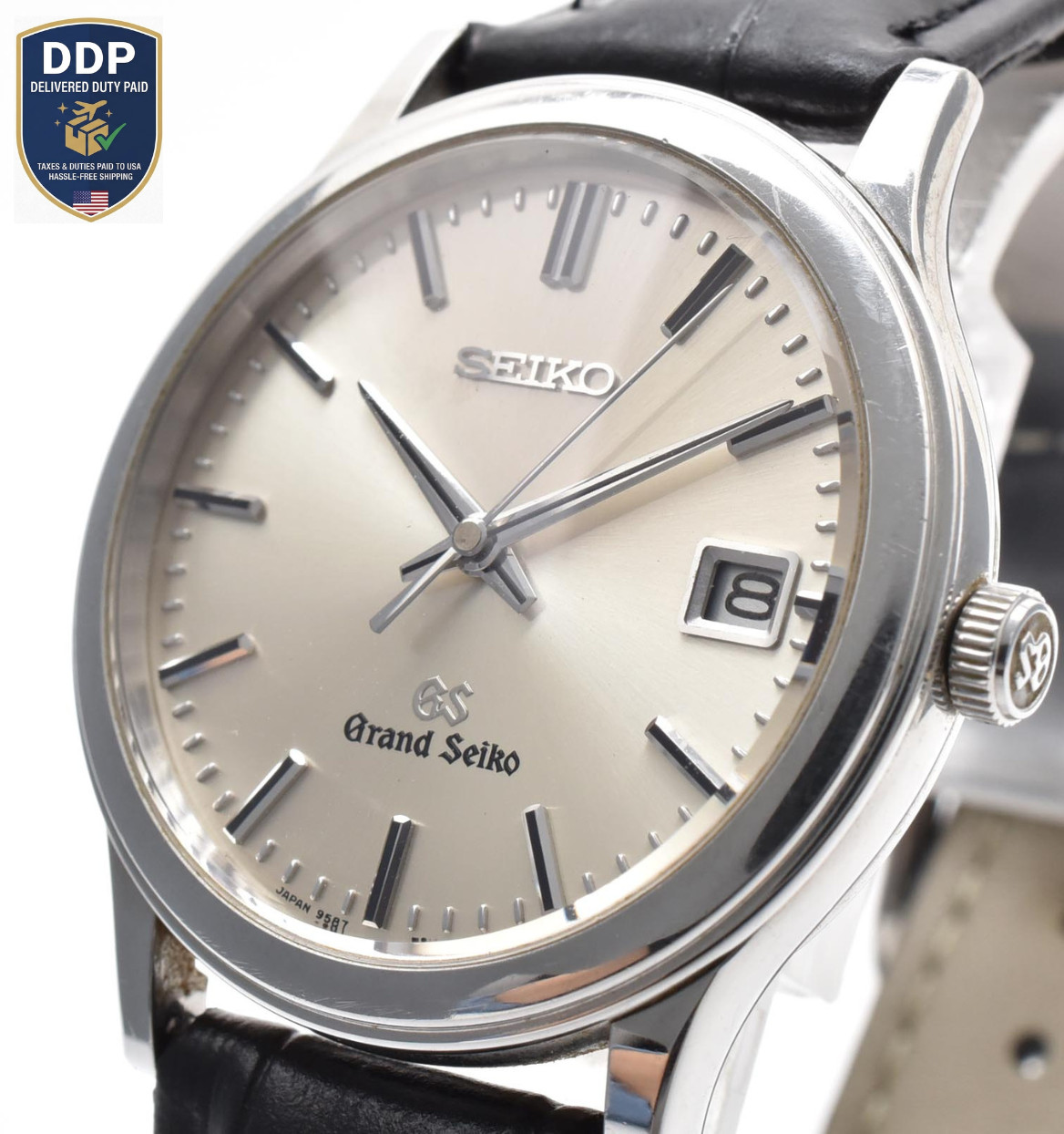 [Exc+5] GRAND SEIKO 9587-7010 Silver Date Quartz Men's Watch w/New Strap JAPAN