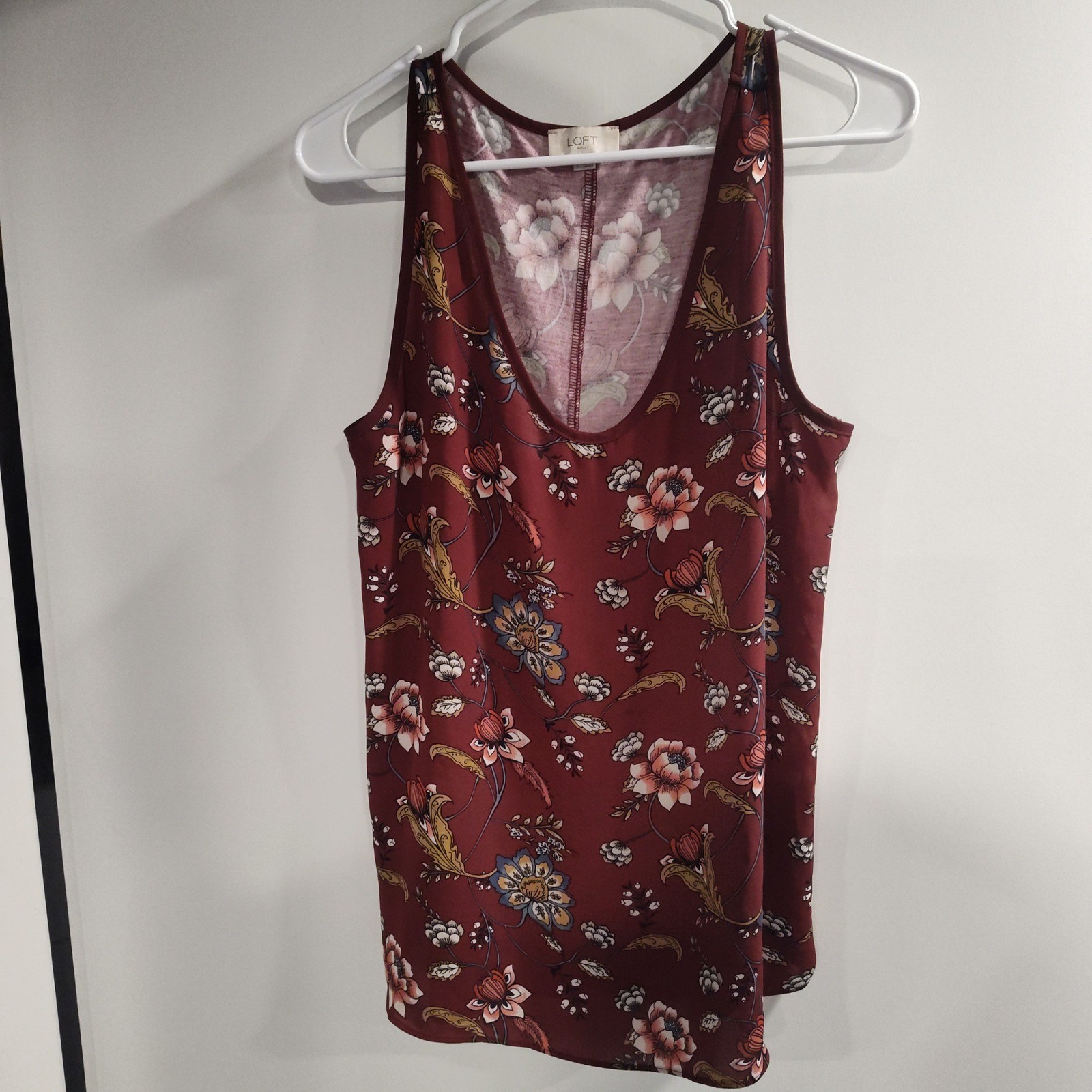 Loft Outlet Womens Large Burgundy Floral Scoop Neck Sleeveless Tank Top Hem
