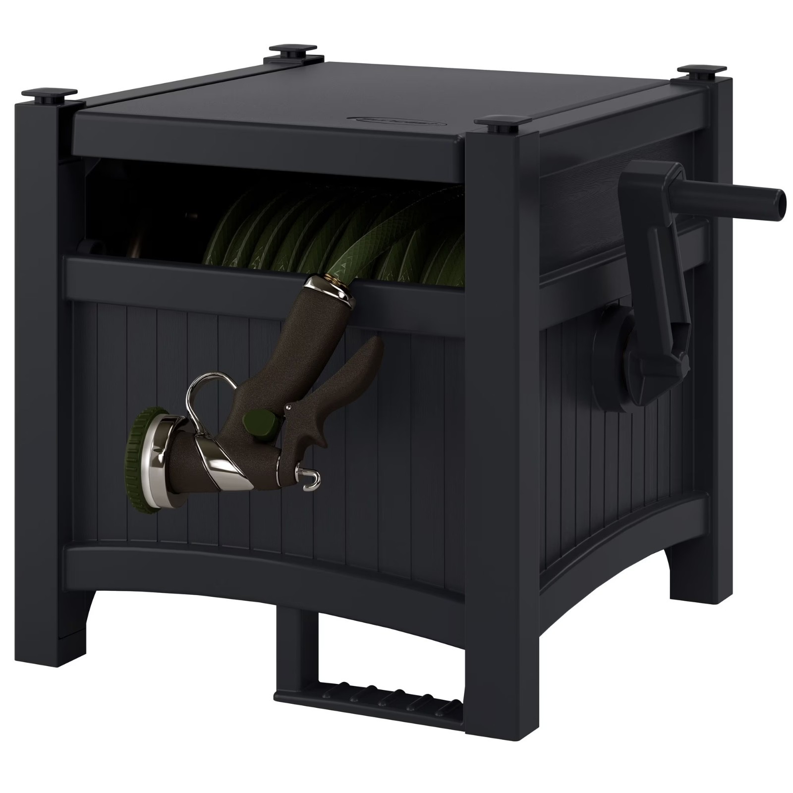 100 Ft Hose Hideaway Reel Box Black Resin Garden Hose Storage 5/8 In