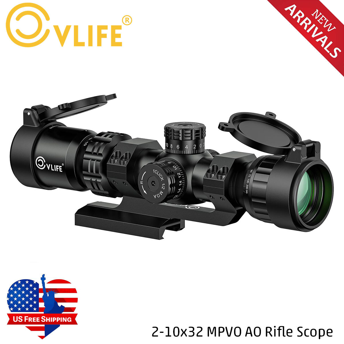 2-10x32 MPVO AO Rifle Scope with 30mm Offset Scope Mount & Red/Green BDC Reticle