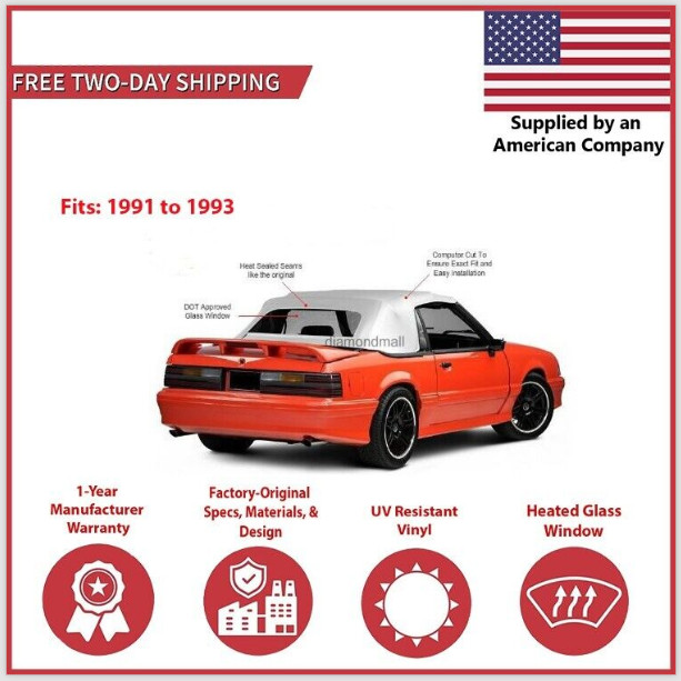 1991-93 Ford Mustang Convertible Soft Top w/ DOT Approved Glass Window, White