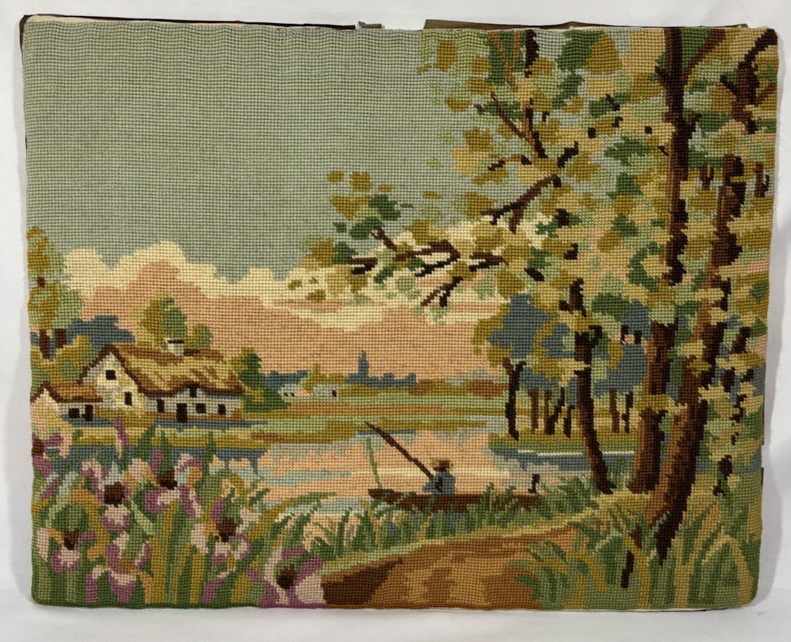 Vintage Finished Needlepoint Landscape Tapestry Panel Hand Embroidered 20\