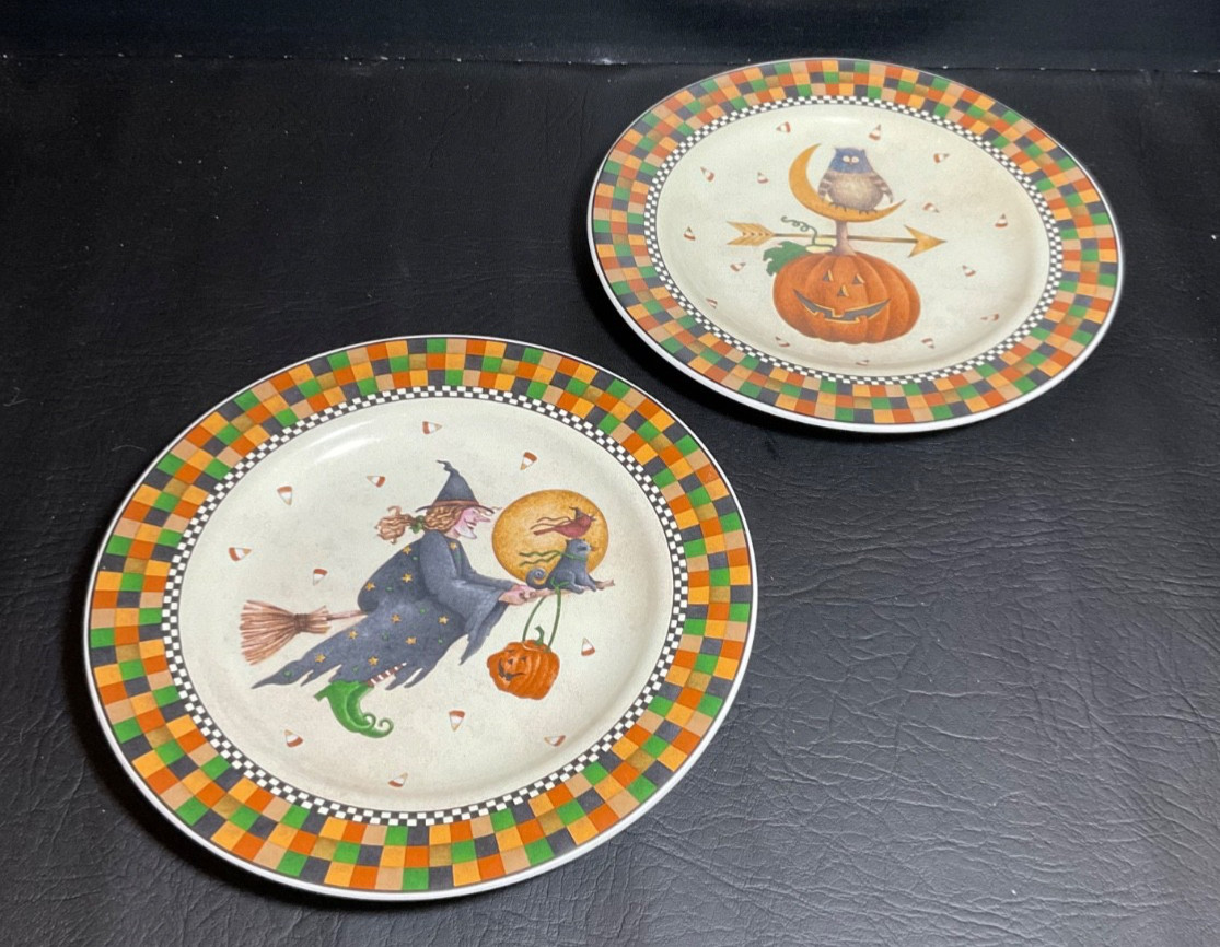 Vintage 1998 Debbie Mumm Sakura Halloween 2 Salad Dessert Plates Stoneware Set