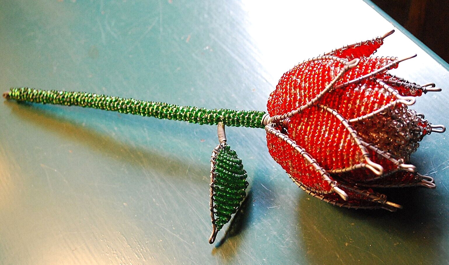 Vtg FRENCH GLASS SEED BEADED RED/CLEAR ROSE FLOWER & LEAF 12\