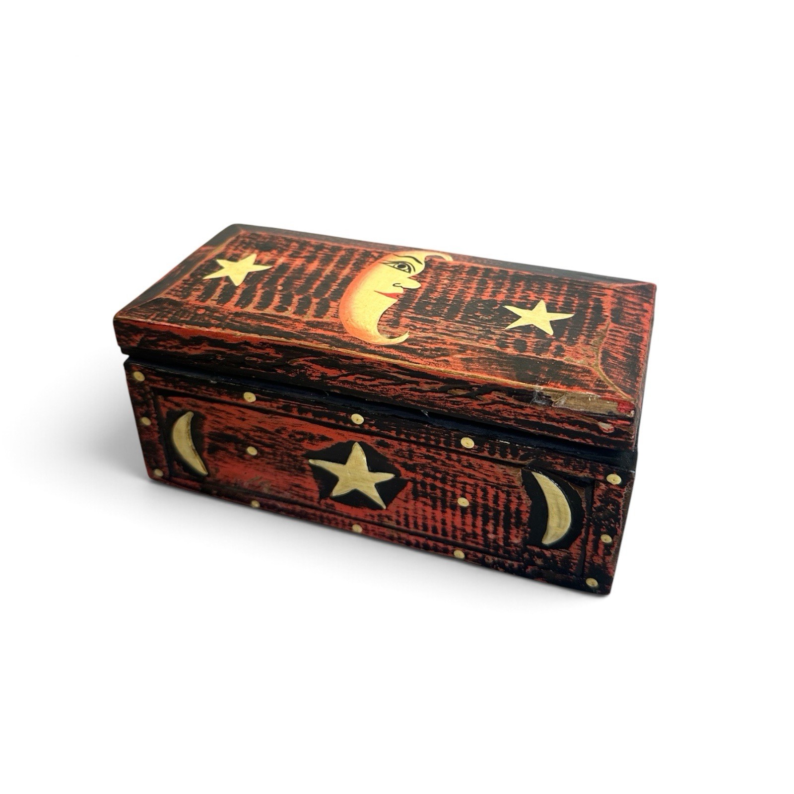 Vintage Hand Painted Wooden Trinket Box Moon Stars Celestial Folk Art Vintage Hand Painted Wooden Trinket Box Moon Stars Celestial Folk Art