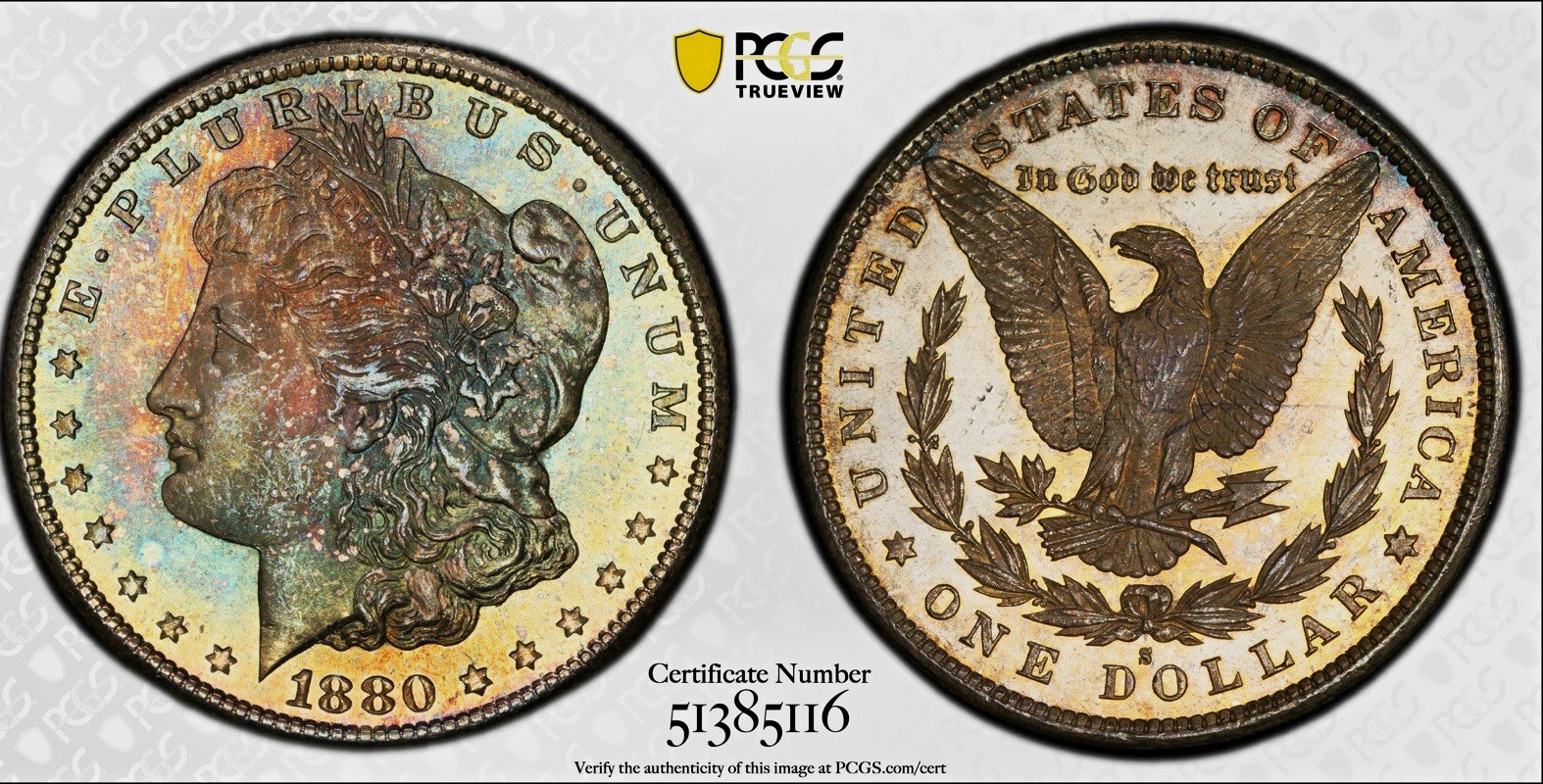 1880-S GALAXY DUAL TONED SEMI- PL MORGAN SILVER DOLLAR PCGS Gold Shield MS-65