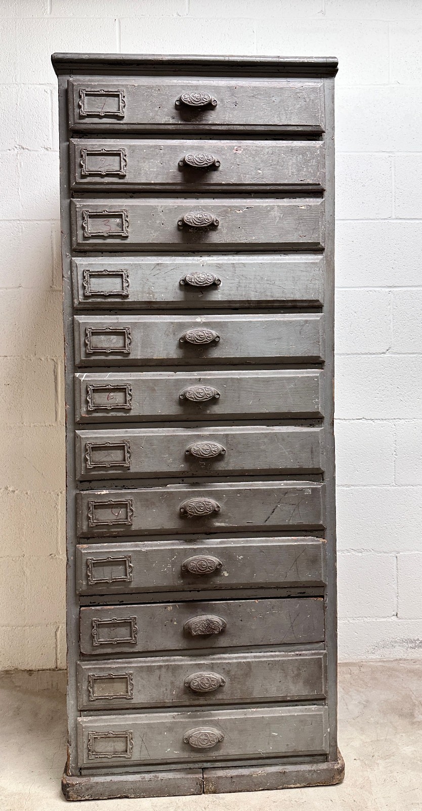 Antique Apothecary Cabinet, Storage Supply Cabinet, 12 Drawers Tall Painted Pine