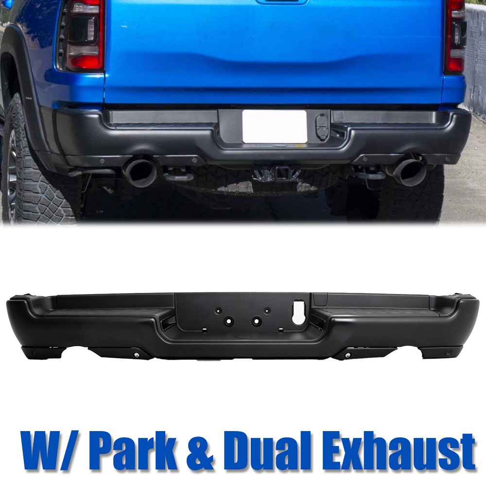 For 2019-2024 Ram 1500 Black Steel Rear Bumper W/ Dual Exhaust & Park Holes
