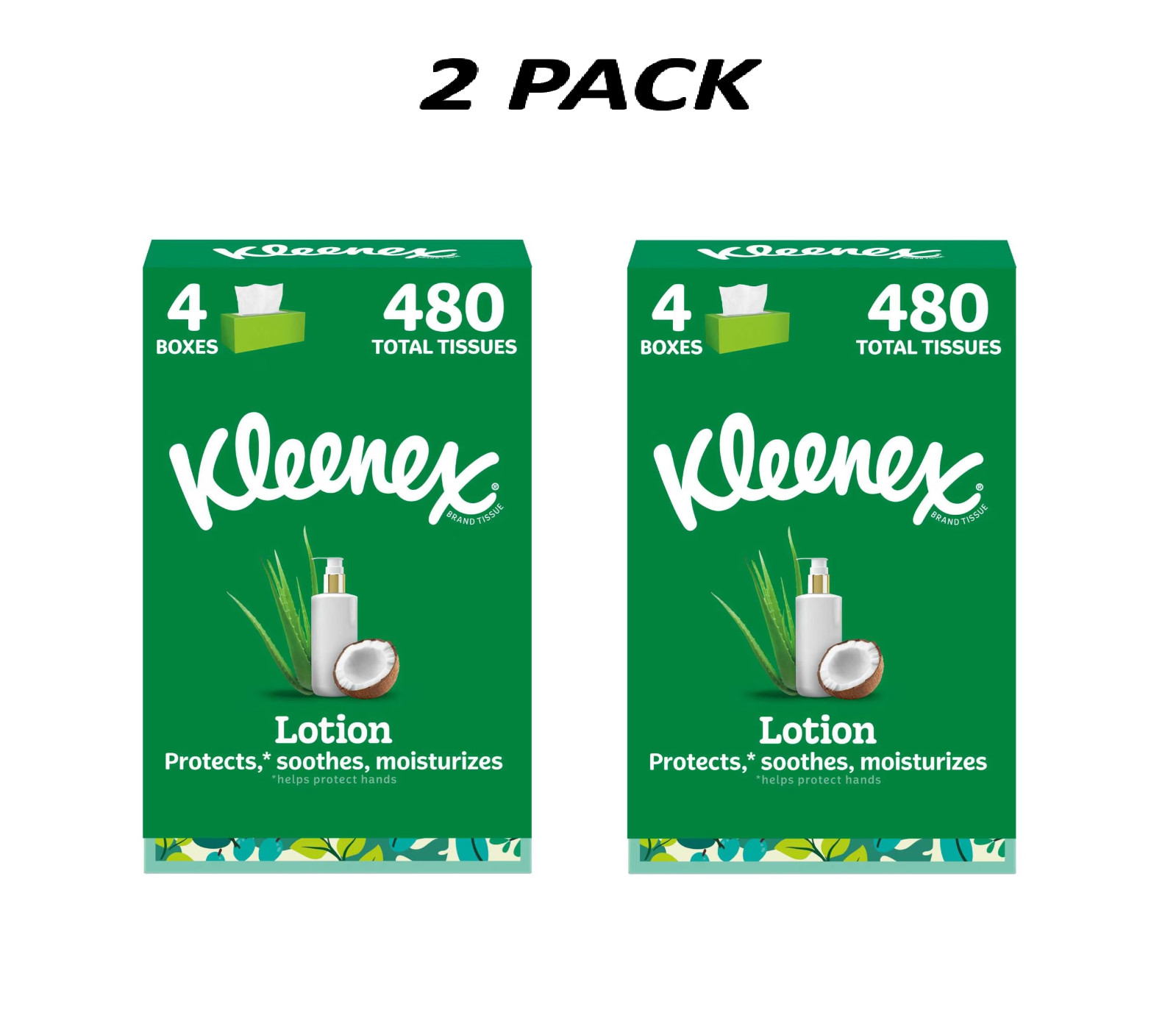 (2 Pack) Kleenex Lotion Coconut Oil 3-Ply Facial Tissues 4 Pack 480 Count.