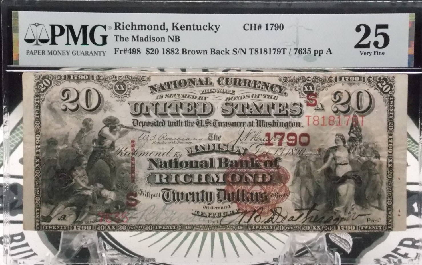 1882 $20 National Brown Back Bank Note *RICHMOND* KY Fr#498 PMG VF25 CH#1790 1882 $20 National Brown Back Bank Note *RICHMOND* KY Fr#498 PMG VF25 CH#1790