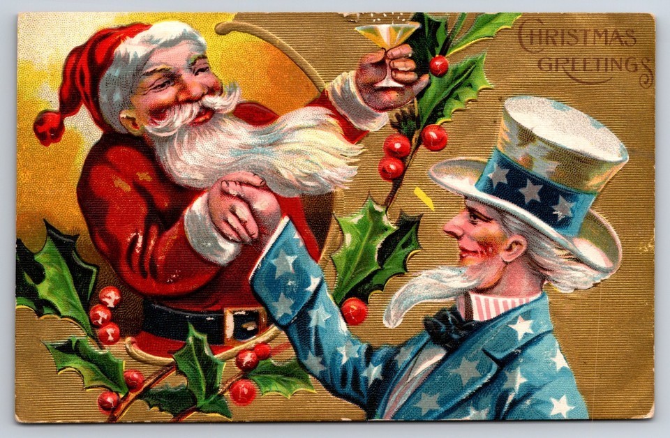 Santa Claus with Uncle Sam~Antique Embossed~ Patriotic Christmas Postcard-s628