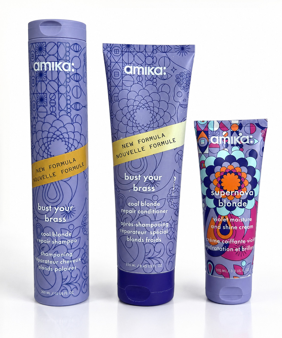 Amika Bust Your Brass Blonde Care Shampoo, Conditioner & Supernova Blonde Cream