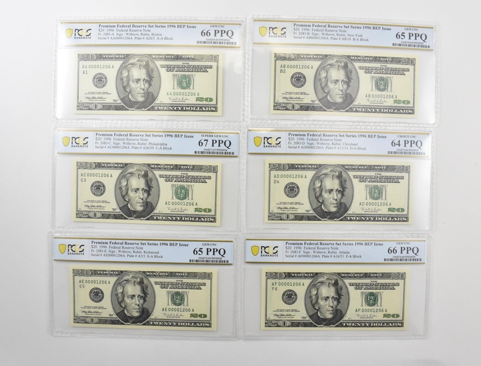 (12) 1996 $20 FRN Premium Series BEP Issue #2083/4 Gem Unc 63-67 PPQ PCGS *7543