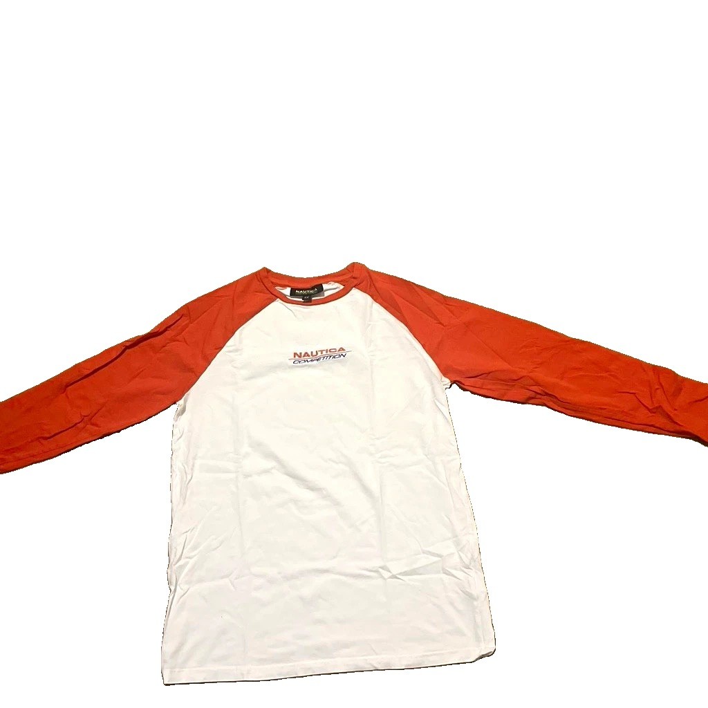 Nautica Men\'s Cotton Knit Crew Neck Long Sleeve Logo T-Shirt White/Orange
