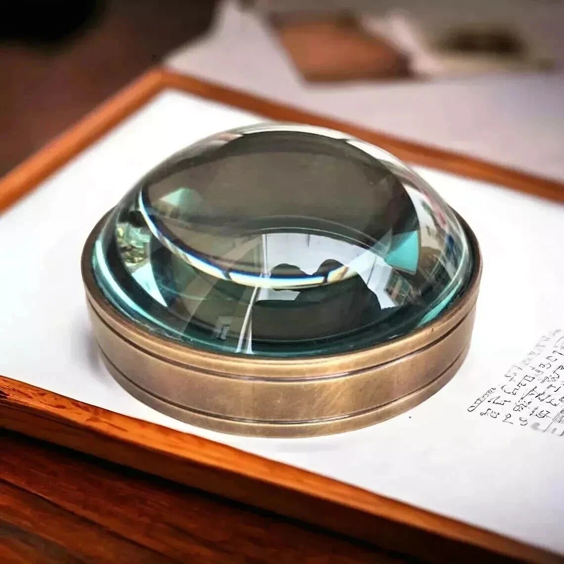 Vintage Style Brass Desk Magnifier – Heavy Glass Paperweight Lens