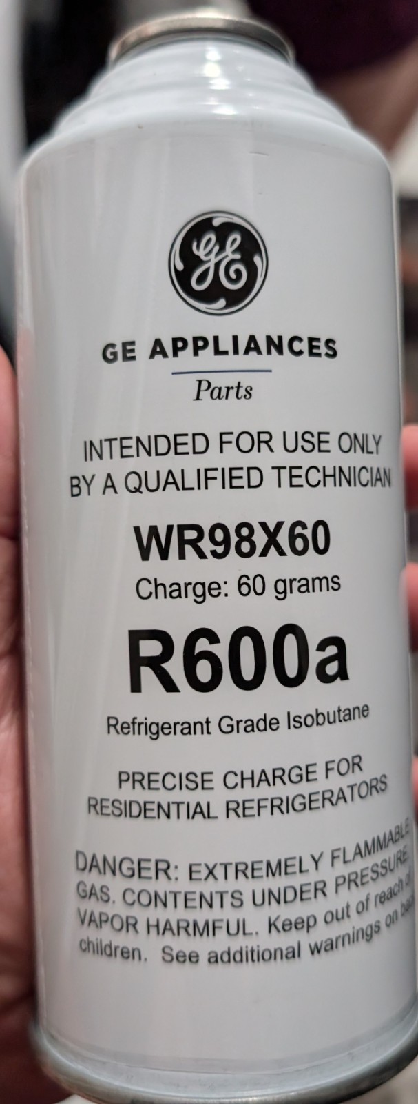 Original GE Brand WR98X60 Refrigerant Charge, R600A, 60 Grams. Fast Shipping Original GE Brand WR98X60 Refrigerant Charge, R600A, 60 Grams. Fast Shipping