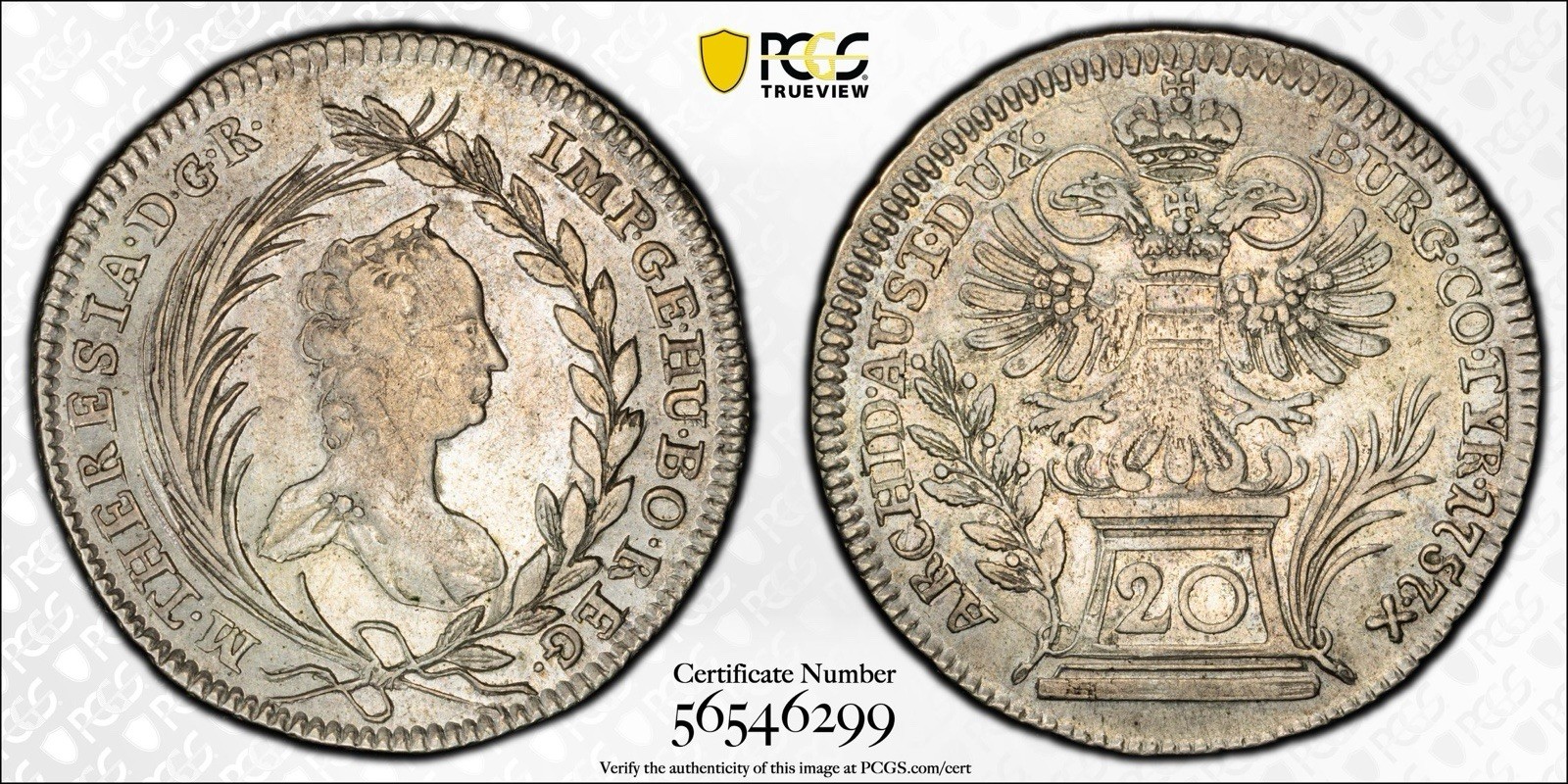 1757 Austria 20 Kr .583 Silver PCGS XF45 KM-1814 Vienna Gold Shield- T243