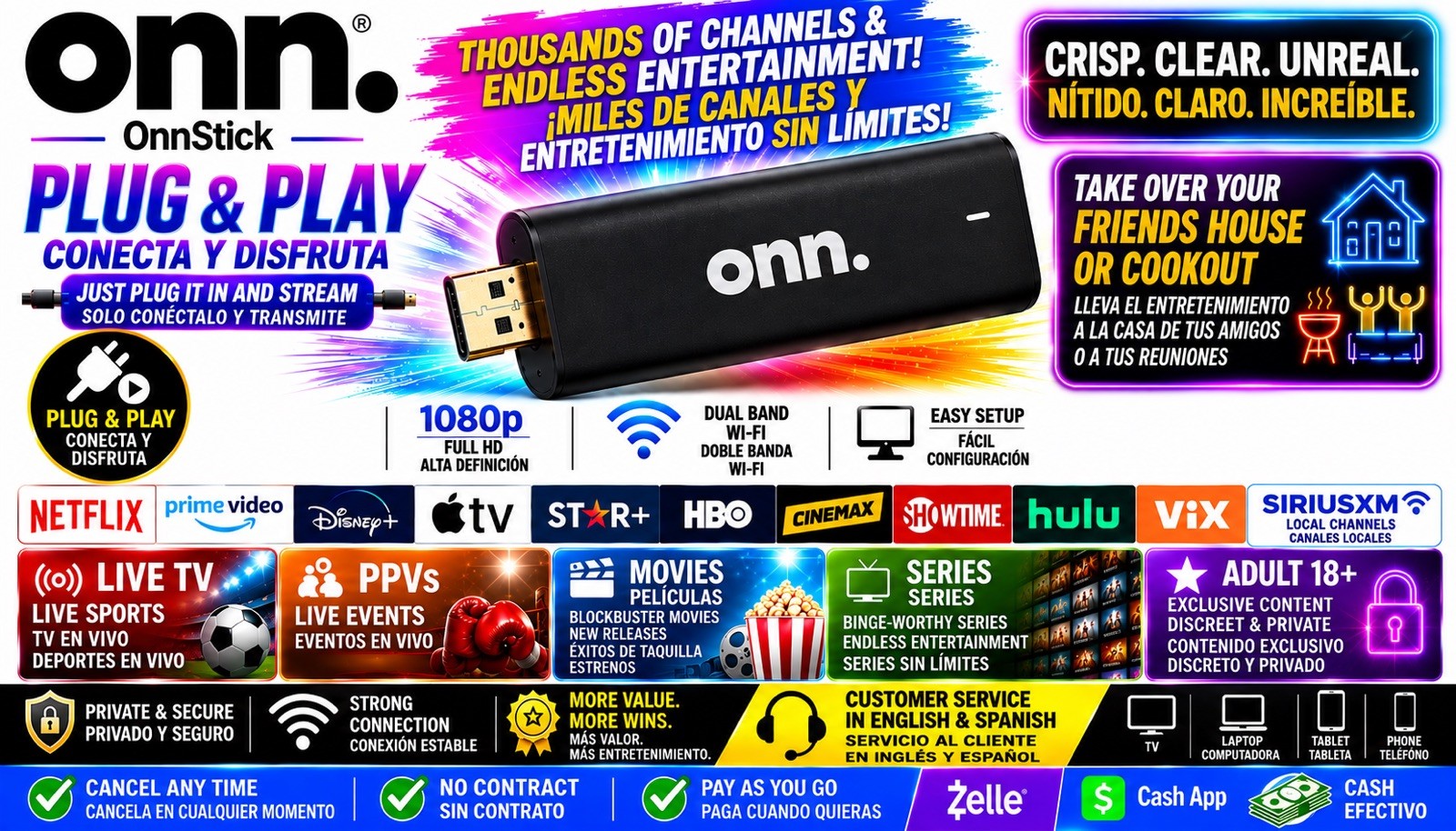 onn.OnnStick 1080p FHD HDMI Wi‑Fi Dual Band Plug & Play Dongle