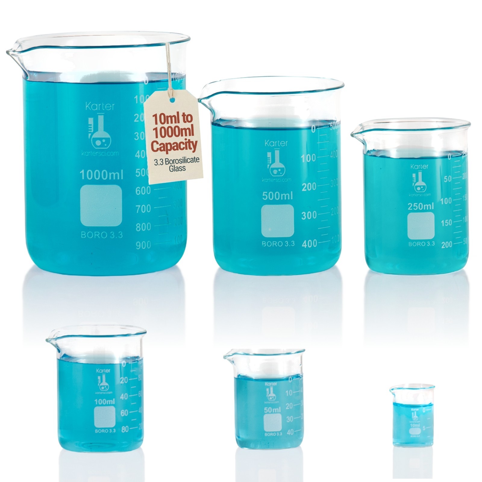 Karter Scientific Low Form Glass Beaker 6 Piece Set 10, 50, 100, 250, 500, 1000 Karter Scientific Low Form Glass Beaker 6 Piece Set 10, 50, 100, 250, 500, 1000