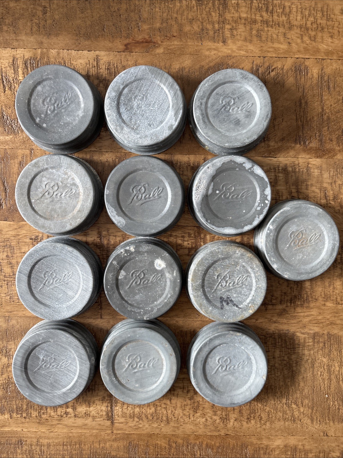 13 USED Vintage Ball Zinc Canning Jar Lids With Milk Glass Inserts 13 USED Vintage Ball Zinc Canning Jar Lids With Milk Glass Inserts