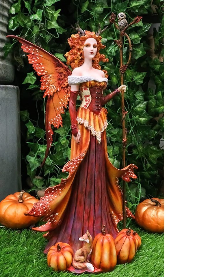 Ebros Amy Brown Fantasy Pumpkin Queen Autumn Fairy Holding Staff with Owl Statue
