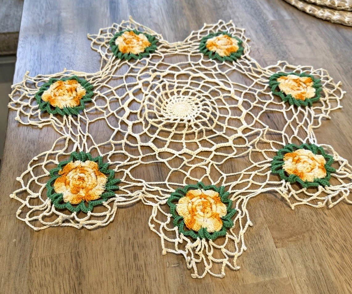 Vintage Handmade Crochet Floral Table Centerpiece Doily 16” Yellow Orange Green