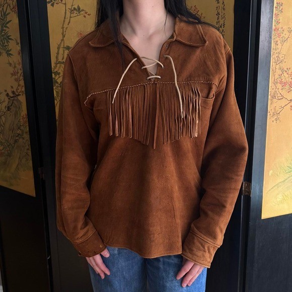 70s true vintage western boho brown suede fringe shirt pull over jacket