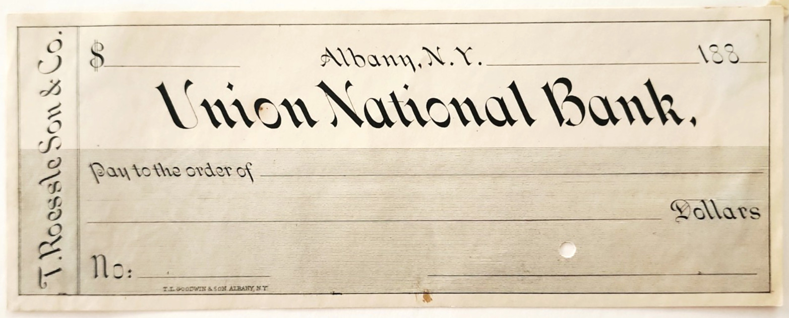 1880s Union National Bank Albany NY Blank Check Unused Antique Victorian