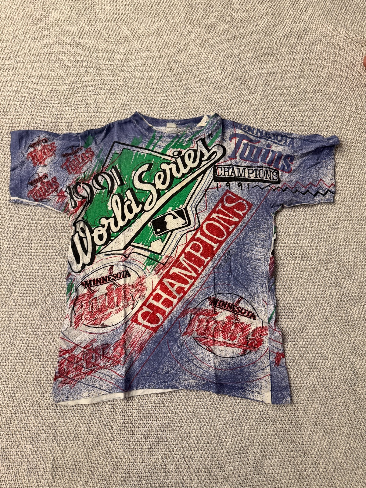 1991 Minnesota Twins World Series Champions T-Shirt Medium AOP Blue Graphic MLB