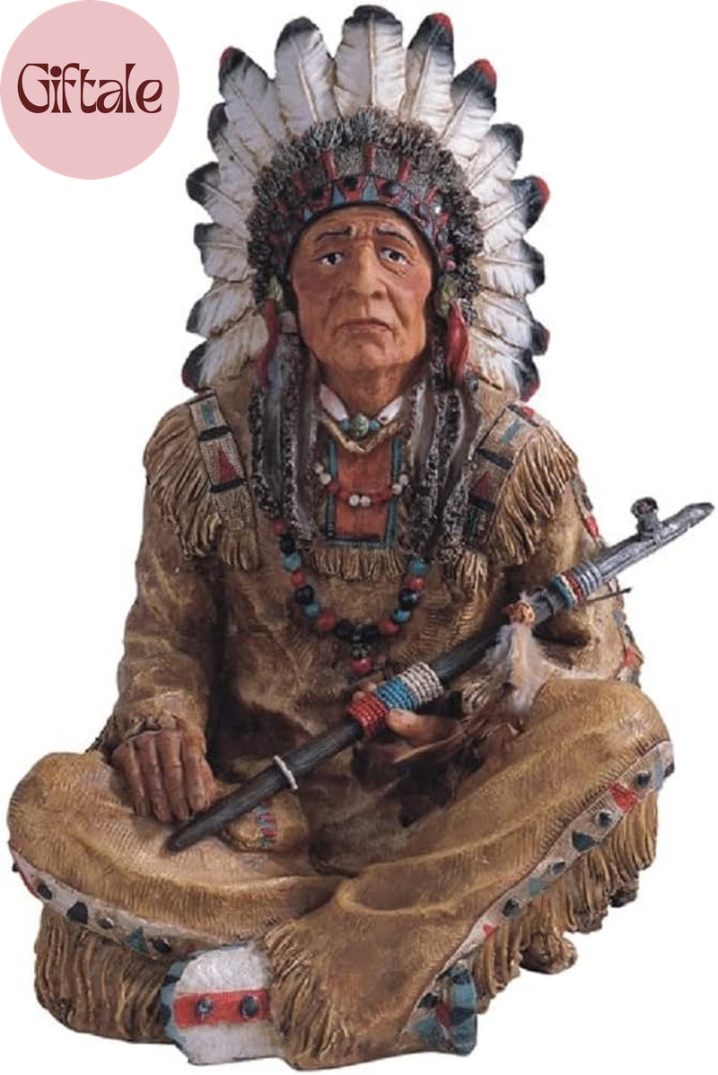 14'' H Indian Chief Sitting Statue Native American Decoration Figurine, Multicol
