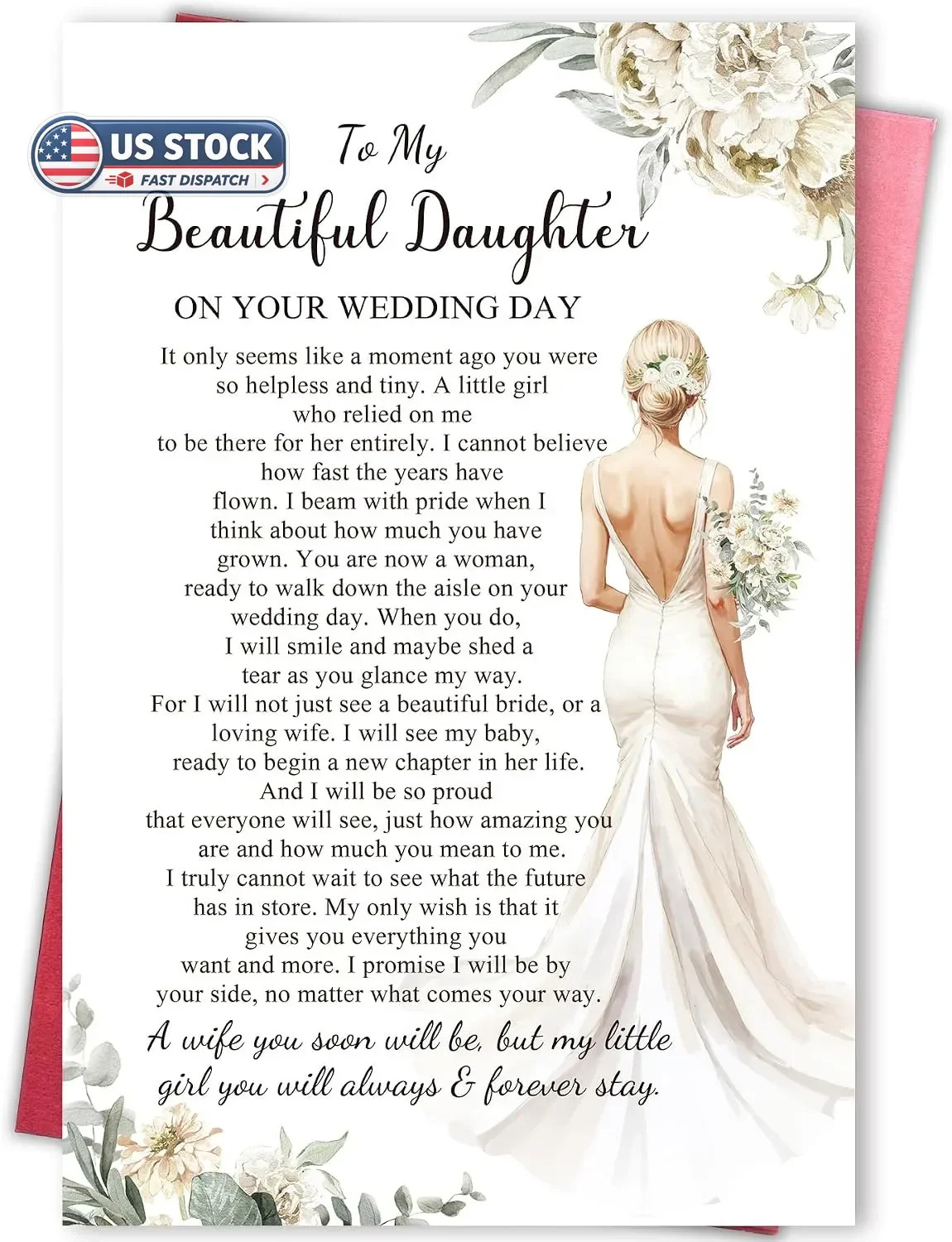 Sentimental Wedding Day Card for Daughter, Heartfelt Wedding Gift from Mom, Dad,