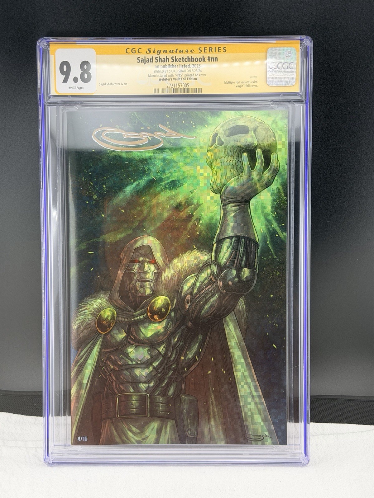 God Emperor Doom CGC 9.8 Sajad Shah Signed Sketchbook Pixeled Foil /15 Dr. Doom God Emperor Doom CGC 9.8 Sajad Shah Signed Sketchbook Pixeled Foil /15 Dr. Doom