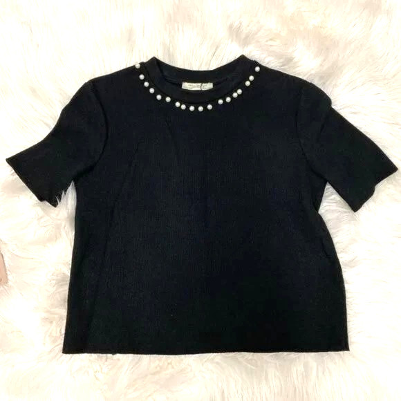 Zara Trafaluc Black Pearl Neck Detail Sweater Knit Top sz.L NEW