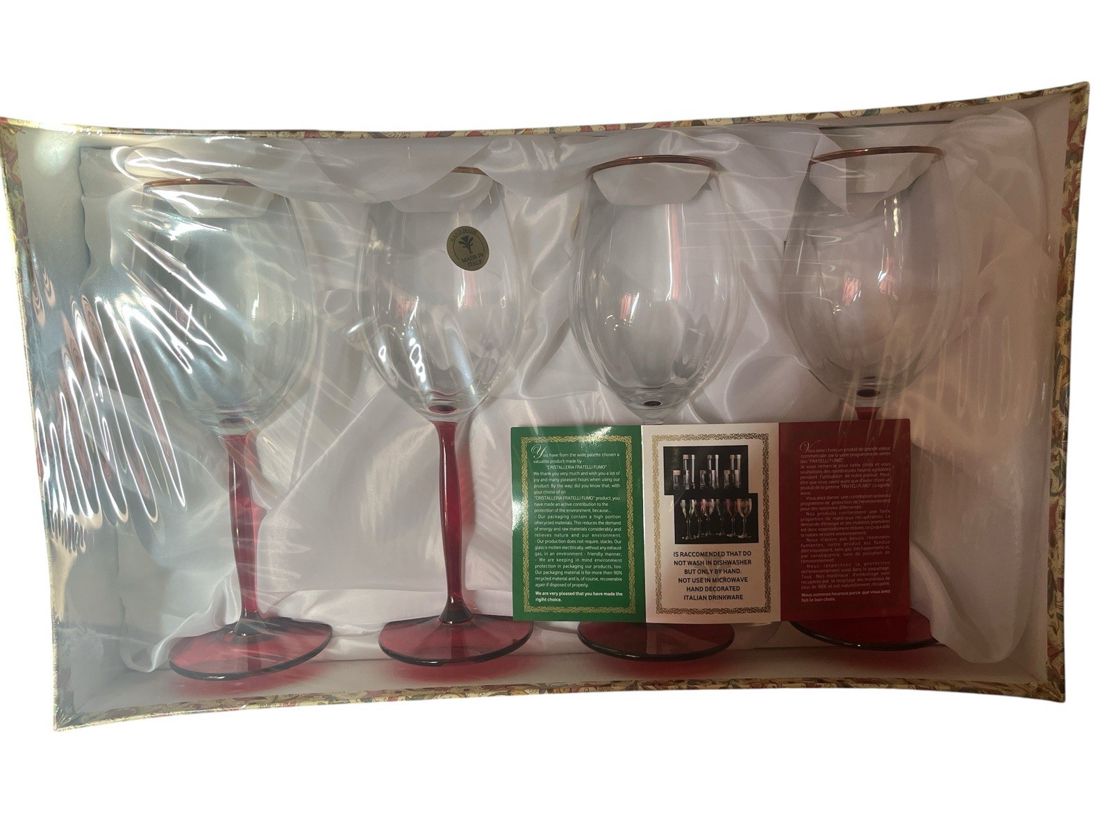 Vintage Cristalleria Fratelli Fumo Stemmed Wine Glasses Set 4 New Old Stock