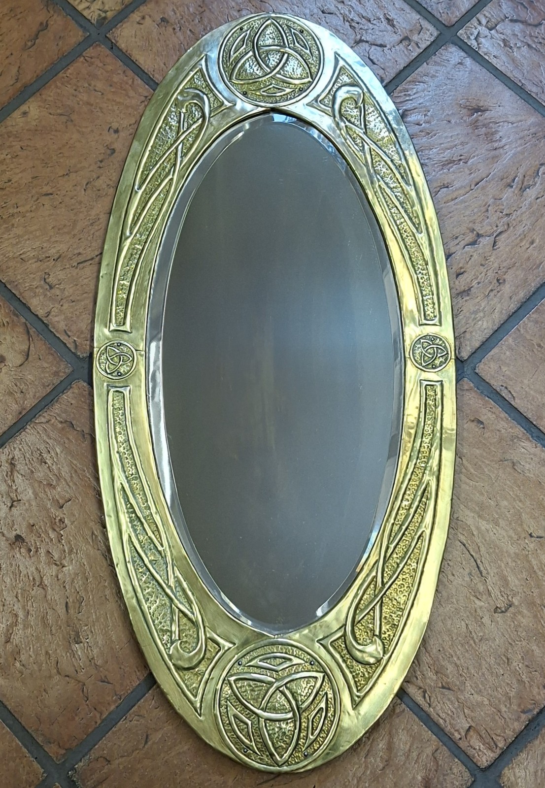 Large c.1900s English Scottish Arts & Crafts / Celtic Repousse Brass Oval Mirror