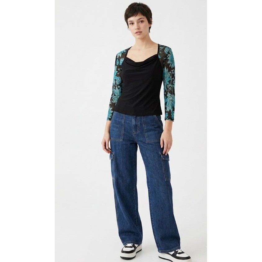 NWT Vintage Suzie In The City Top Medium Black Blue Floral Mesh Draped Neck Y2K NWT Vintage Suzie In The City Top Medium Black Blue Floral Mesh Draped Neck Y2K