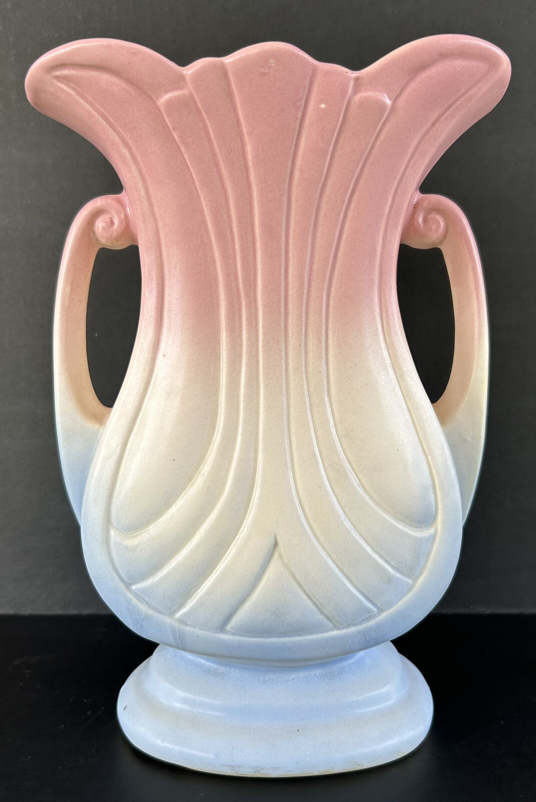 Vintage Hull Pottery Vase Mari Gras Double Handled Art Deco Pink Blue Vintage Hull Pottery Vase Mari Gras Double Handled Art Deco Pink Blue