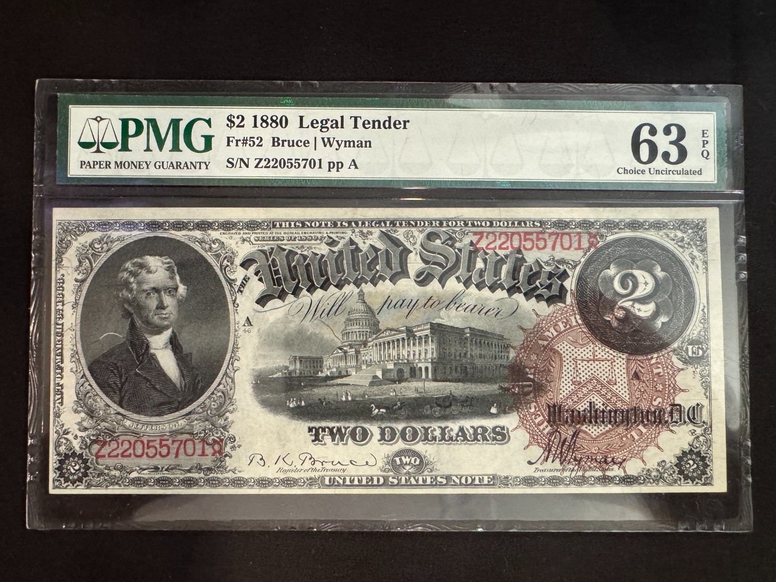 1880 $2 Dollar Legal Tender Note Fr 52 PMG 63 EPQ Choice Uncirculated Large Size 1880 $2 Dollar Legal Tender Note Fr 52 PMG 63 EPQ Choice Uncirculated Large Size