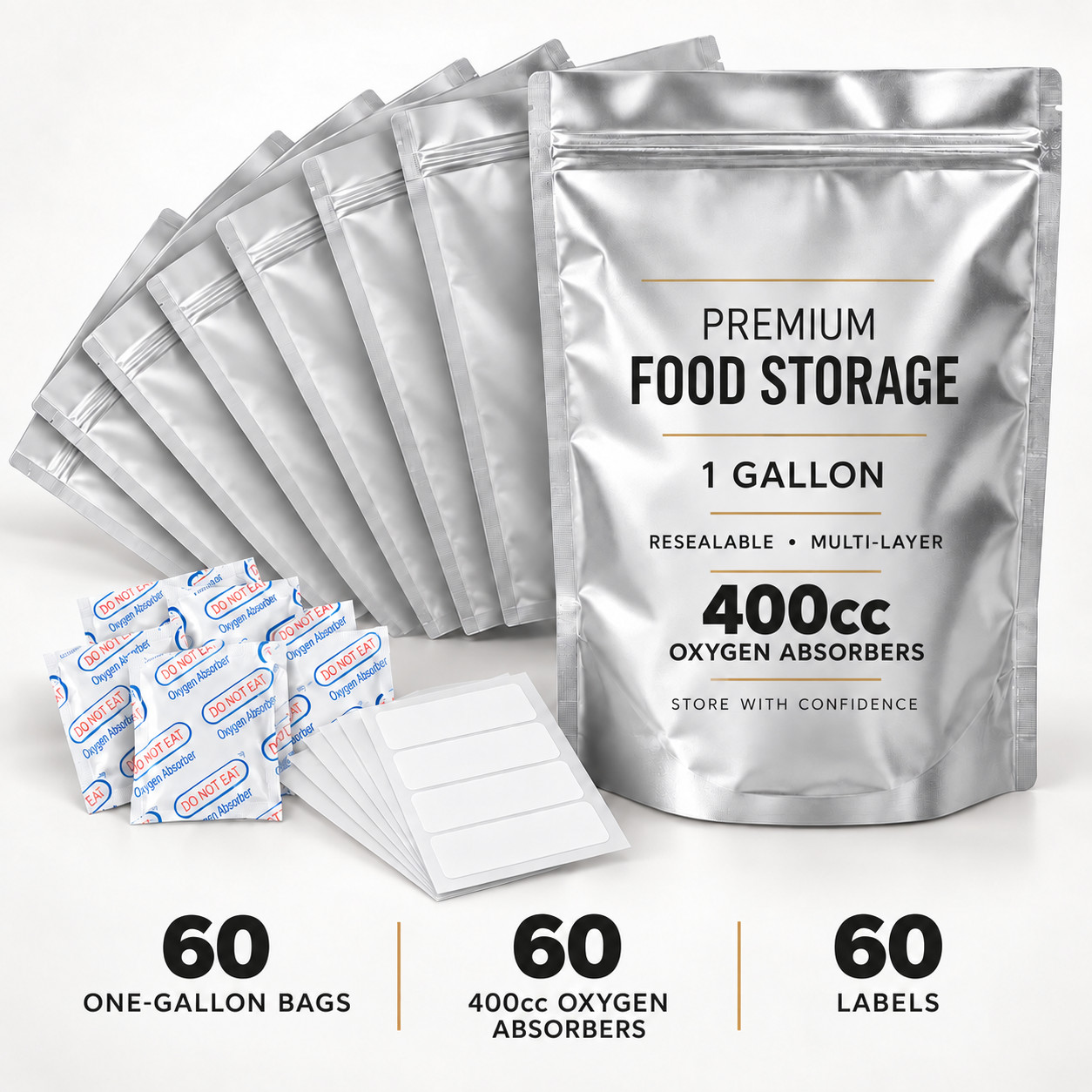 Wallaby 60-Pack 1-Gallon Mylar Bags, 7.5 Mil, with 400cc Oxygen Absorbers