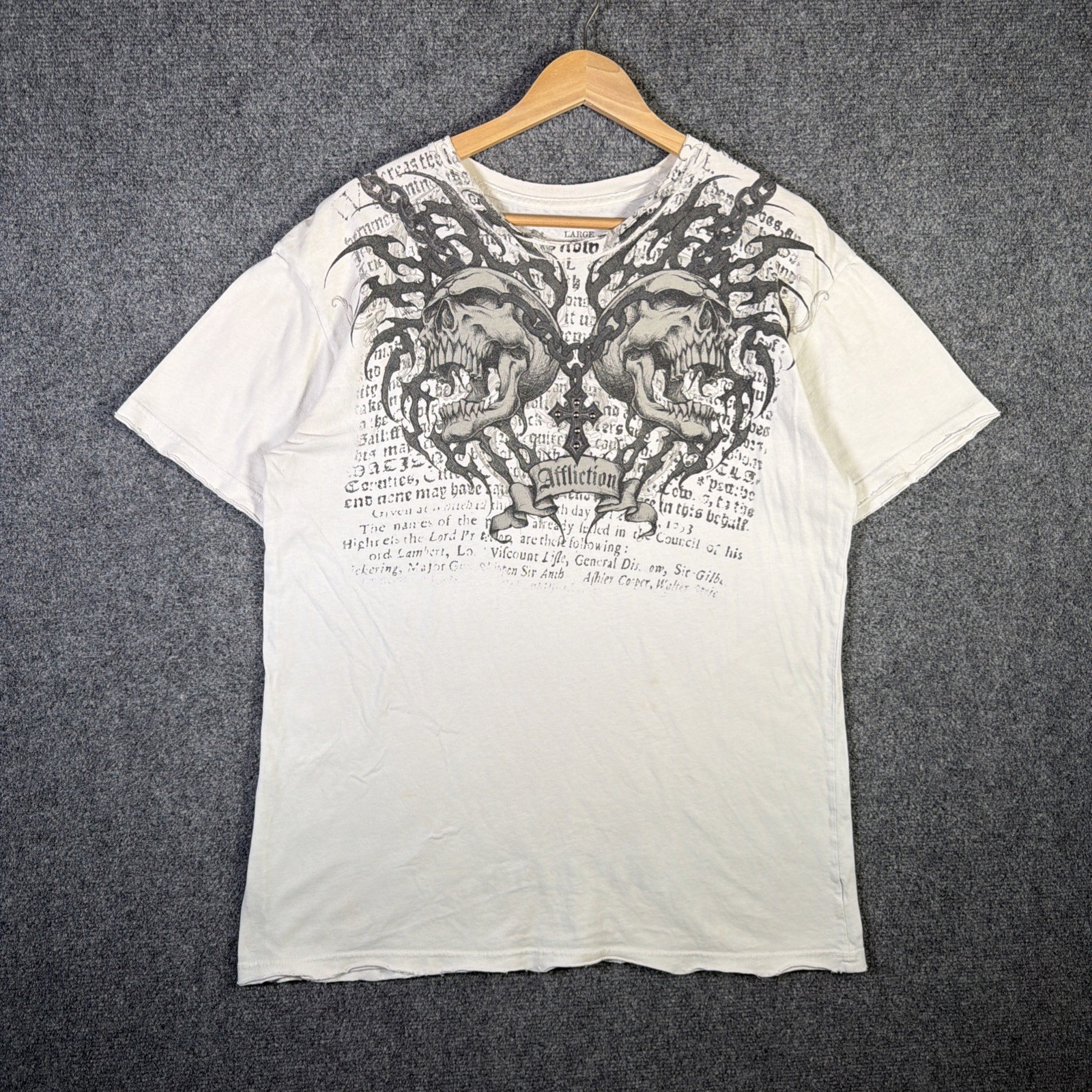 Vintage Affliction Shirt Mens Large White Y2K AOP Skulls Grunge Tribal Wings