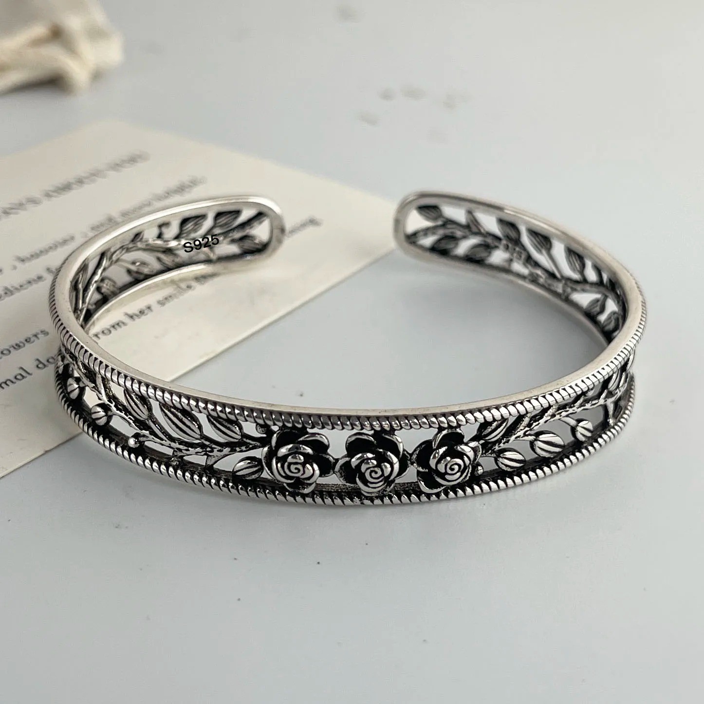 Vintage Flower Retro Rose Cuff Bangle Set Sterling Silver Women Jewelle Bracelet Vintage Flower Retro Rose Cuff Bangle Set Sterling Silver Women Jewelle Bracelet