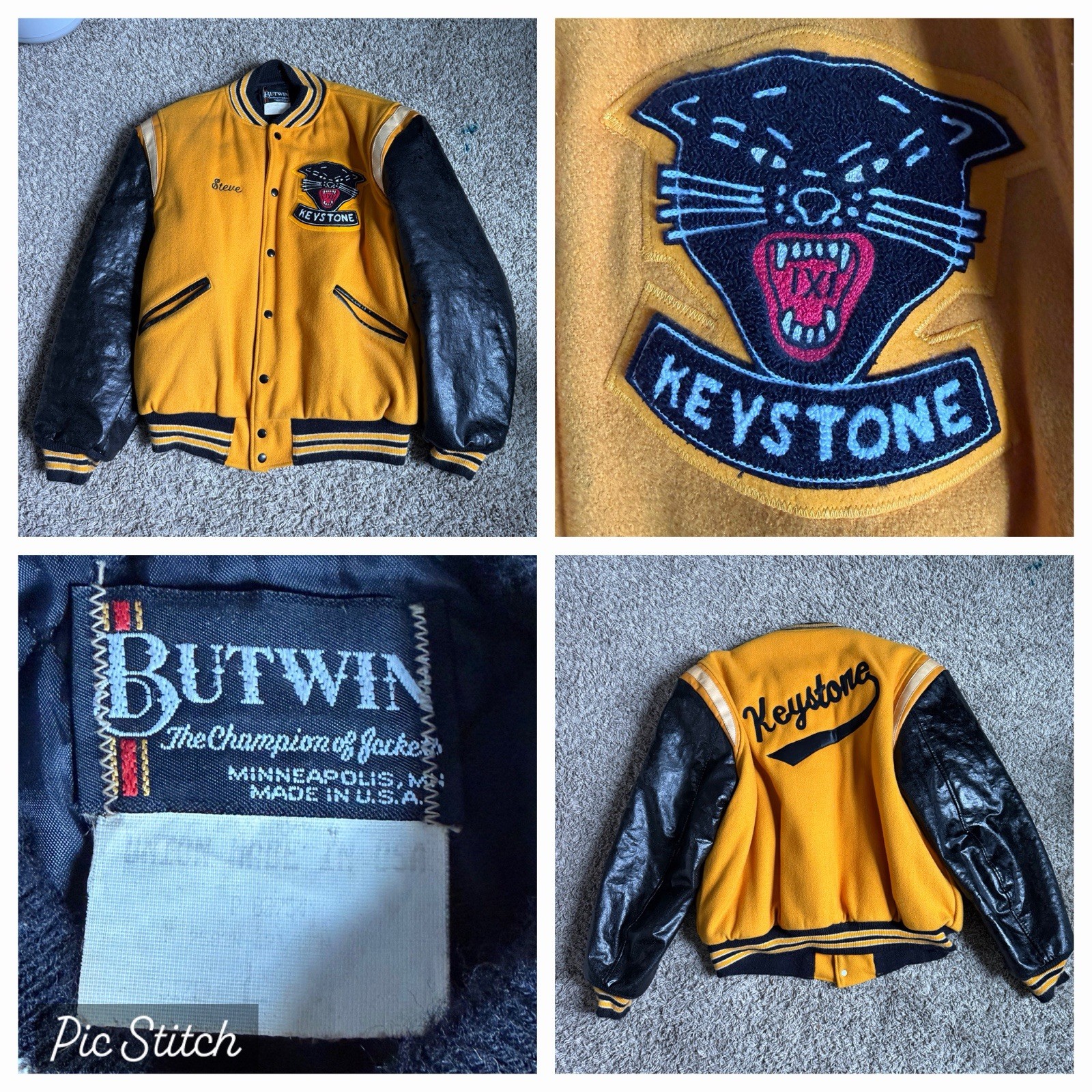 1970’s Large Vintage Butwin Yellow Black Cat Keystone Varsity Jacket RARE USA