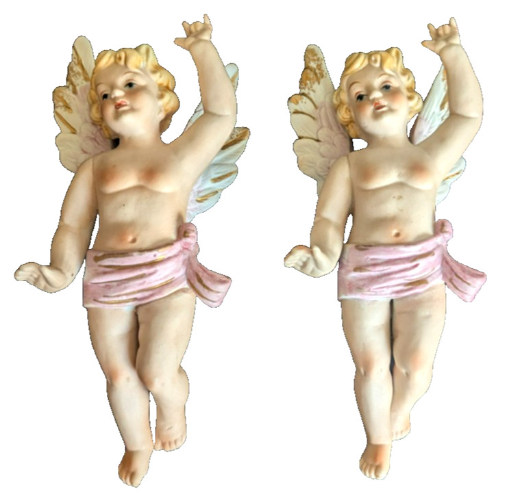 VTG Pair Porcelain Cherub Putti Angel Figurines 7in Wall Hanging Stamped 11/90