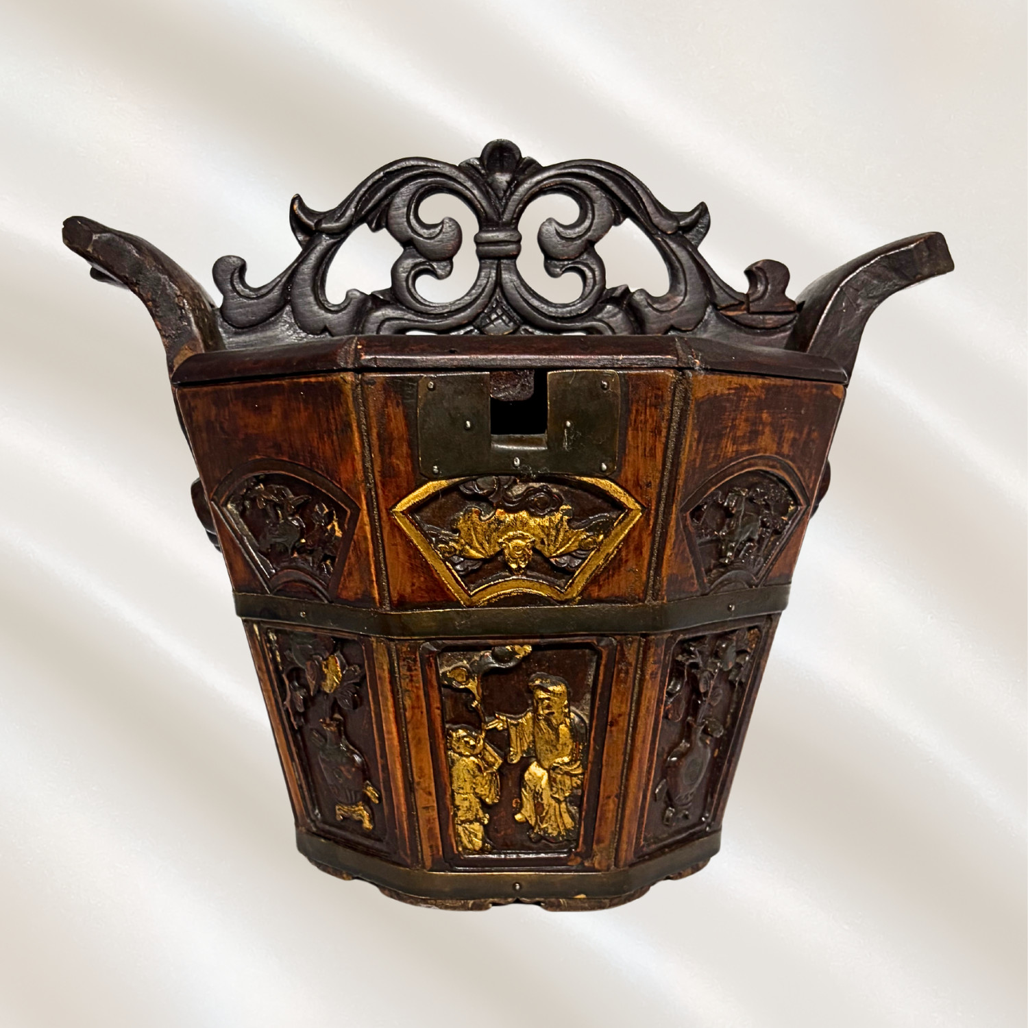 Antique Chinese Carved Wood Teapot Caddy Asian Gold Gilt Basket