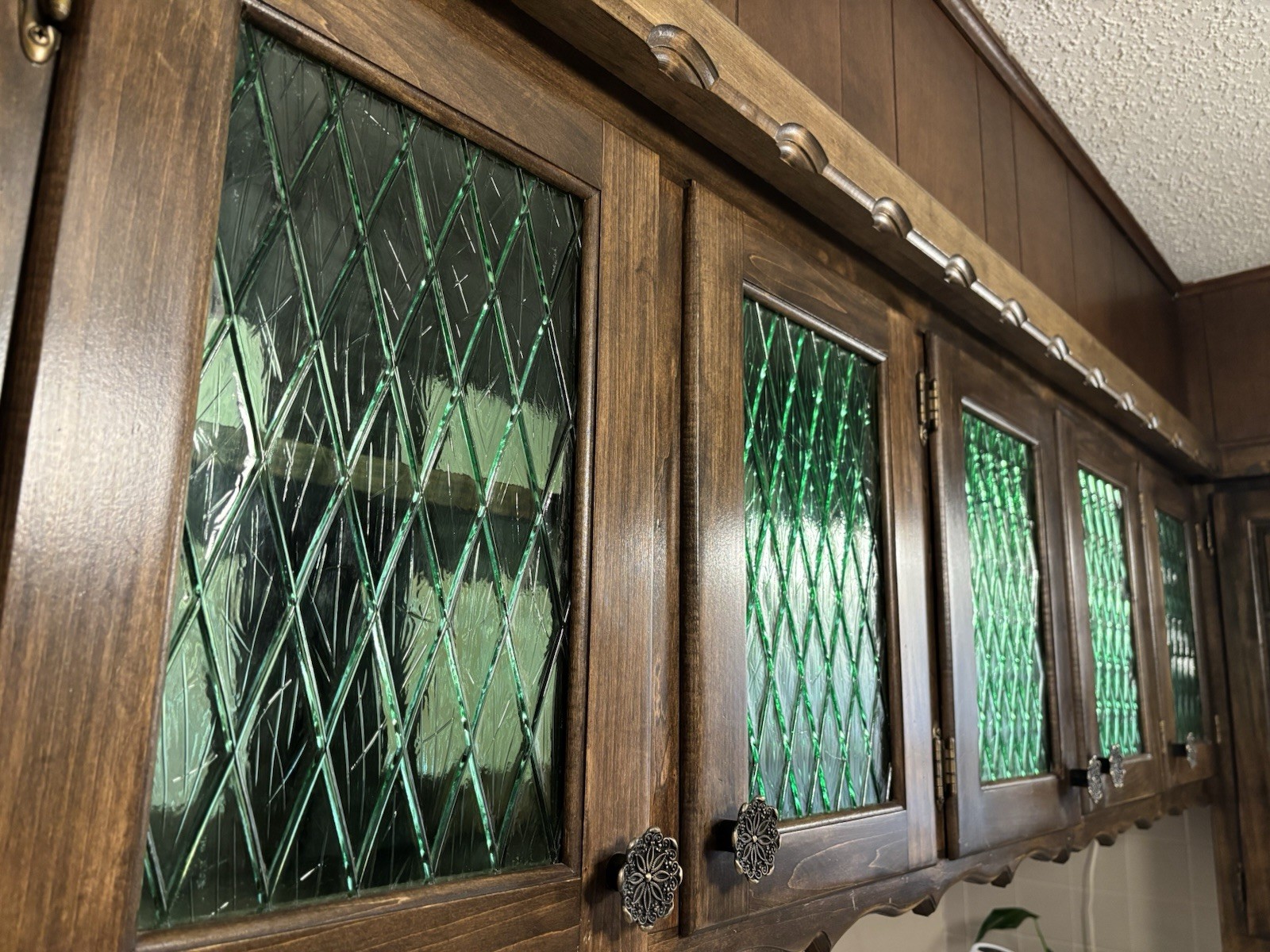 Vtg MCM Green Pattern Glass Cabinet Door Wood Frame Window Shutter Salvage 1970s Vtg MCM Green Pattern Glass Cabinet Door Wood Frame Window Shutter Salvage 1970s