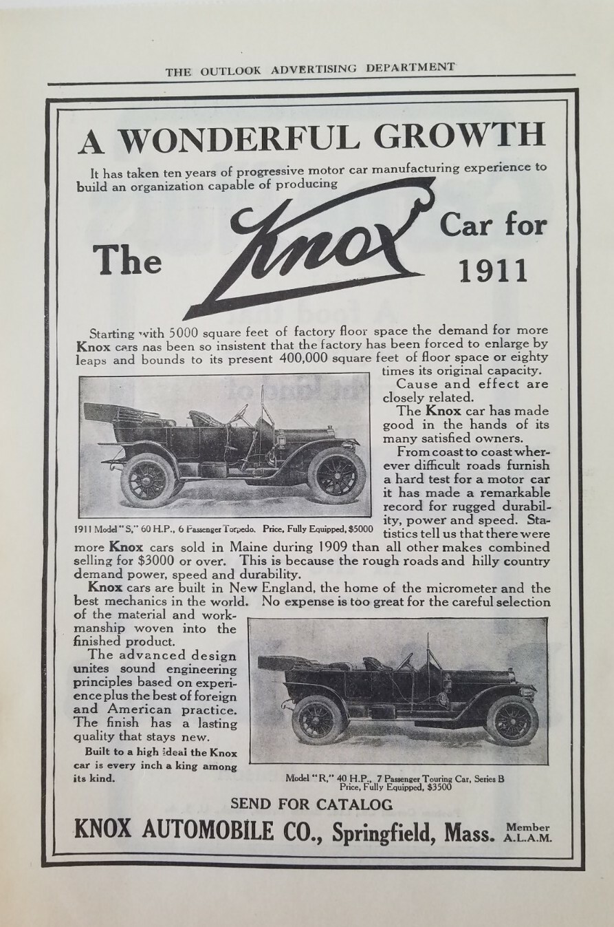 1911 Knox automobile Co Springfield Massachusetts Model S R cars ad 1911 Knox automobile Co Springfield Massachusetts Model S R cars ad