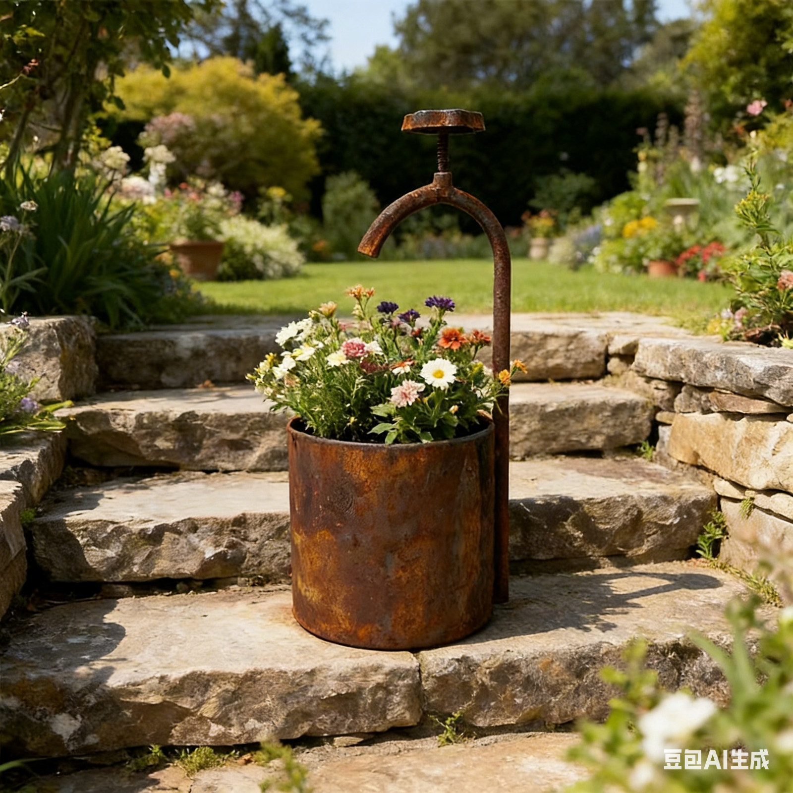 Rustic Hand Pump Metal Flower Pot Creative Outdoor Garden Decor