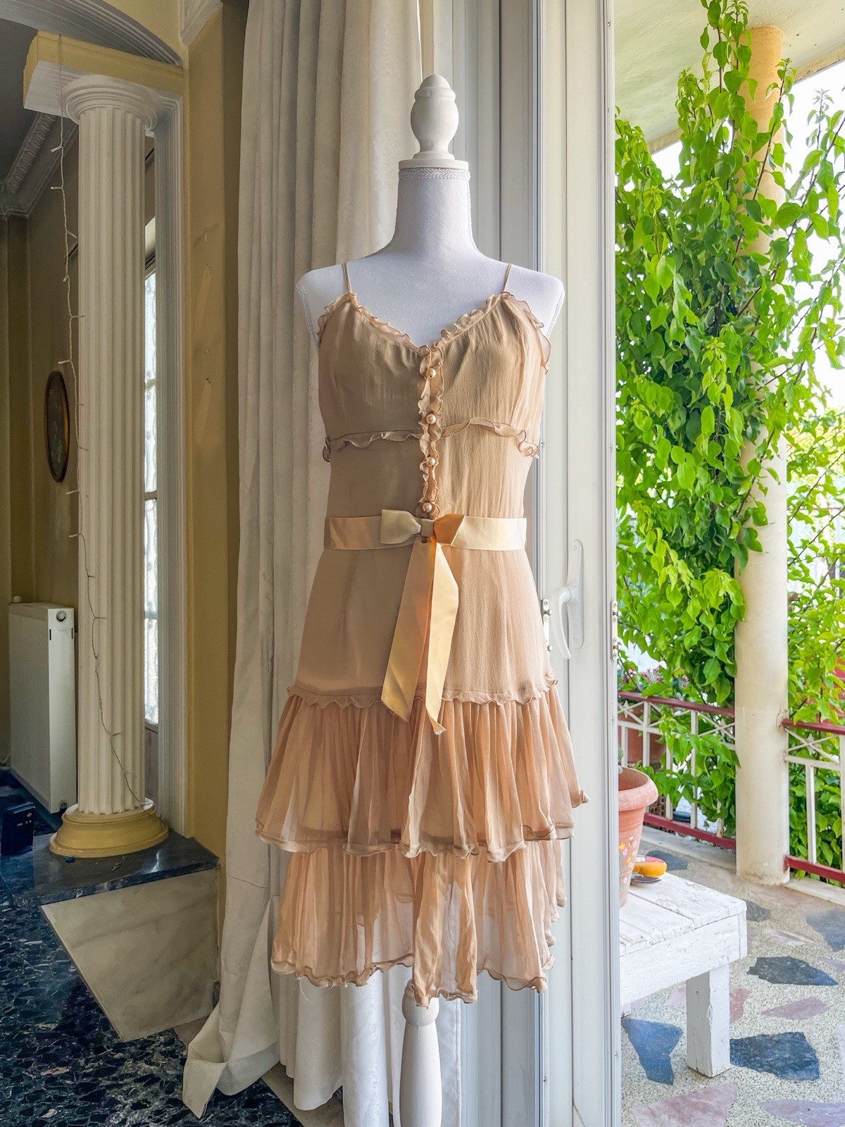 UNIQUE Vintage Deadstock Dreamy Ethereal Babydoll Coquette Ruffle Beige Dress 