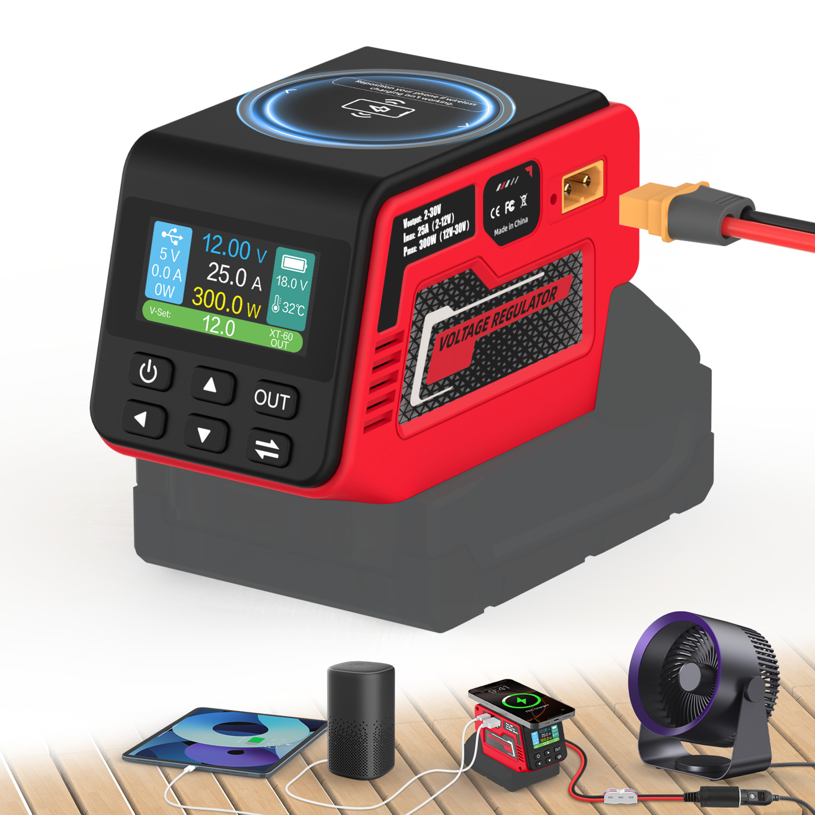 300W Voltage Regulator 2-30V DC Output Compatible with Milwaukee  18V Battery